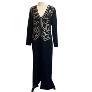 St. John Black & Gold Embellished Long Maxi Dress Evening Wear Black Tie Size 8
